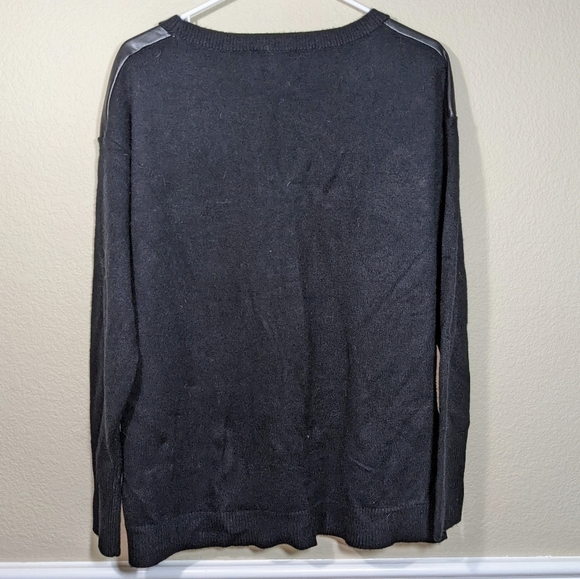 Pitch Black Faux Leather Pieced High Slit Crew Neckline Sweater - Picture 4 of 5